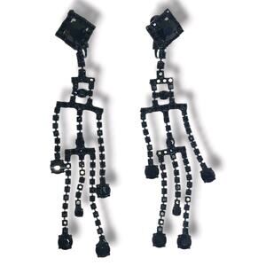 Vintage Weiss Long Jet Black Rhinestone Dangle Chandelier Clip-on‎ Earrings 4"